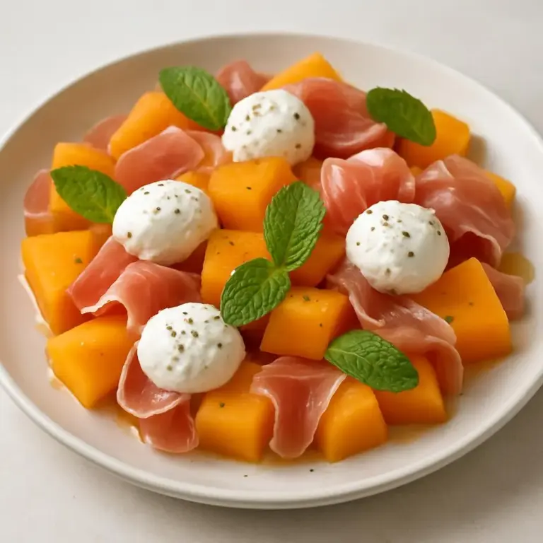 Melon au chèvre frais et jambon cru, salade fraîche au miel et herbes