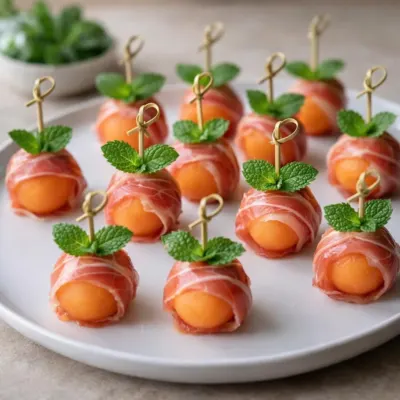 Brochettes melon prosciutto menthe : apéritif frais