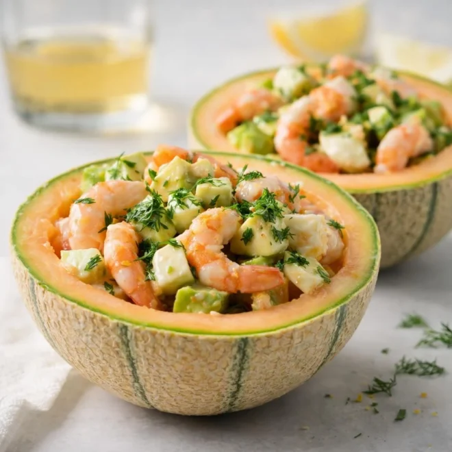 Melon farci aux crevettes avocat sauce citronnée