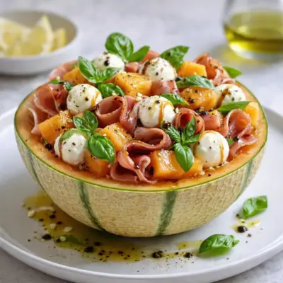Melon Farci au Jambon Cru et Mozzarella, vinaigrette basilic-citron