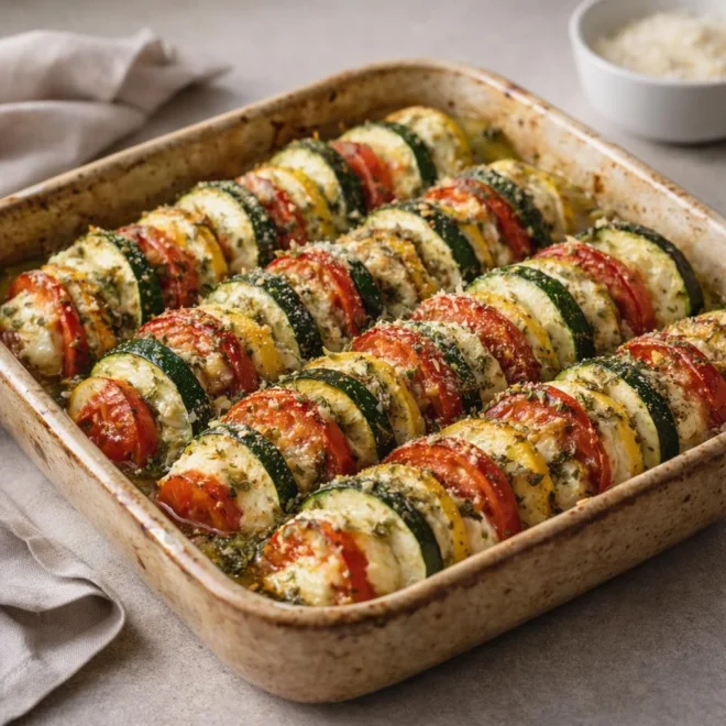 Mijoté de légumes en tranches au four (courgette, tomate, mozzarella) au pesto d’herbes