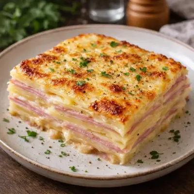 Millefeuille de pommes de terre au jambon gratiné