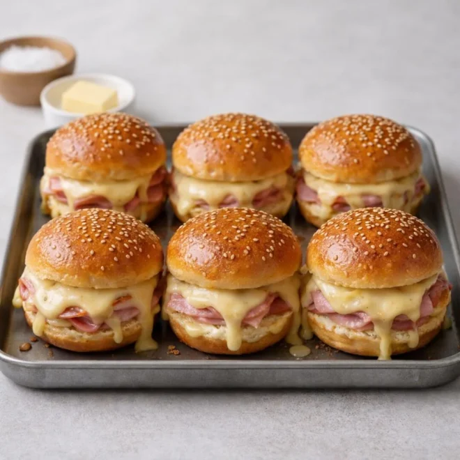 Mini burgers briochés au jambon, cheddar et sauce au fromage (6 pièces)