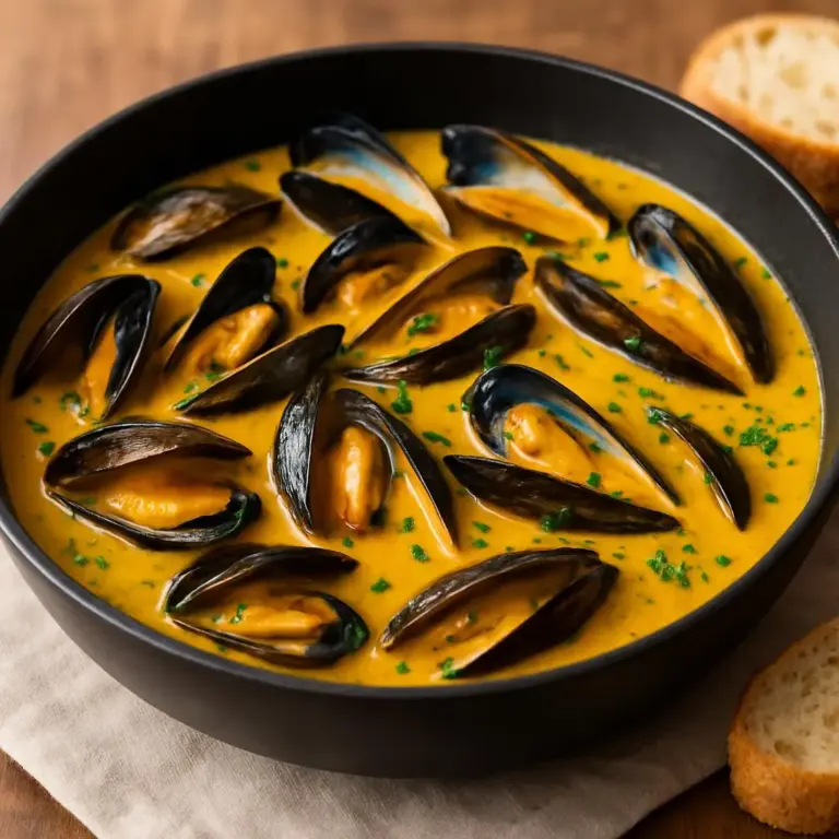 Moules au curry et lait de coco, sauce crémeuse épicée