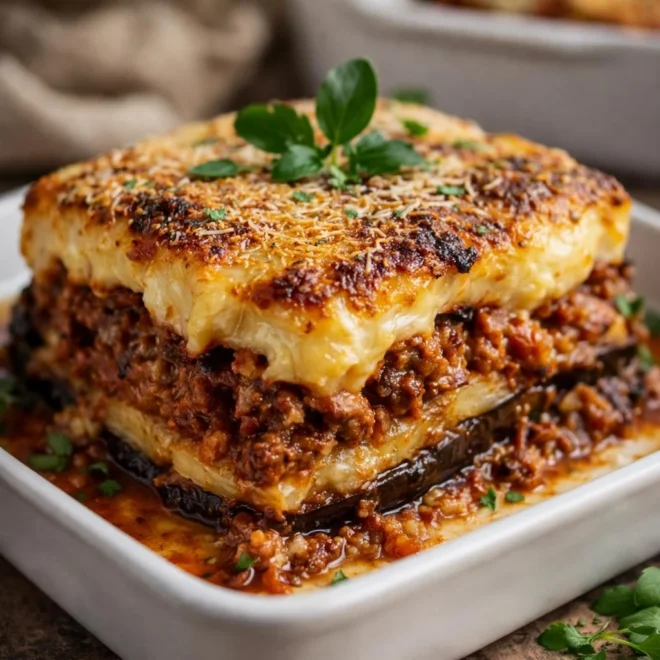Moussaka grecque facile : aubergines fondantes, sauce tomate épicée et gratin crémeux