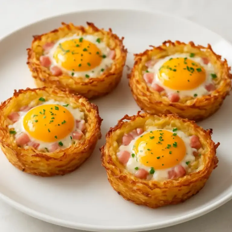 Nids de pommes de terre croustillants au jambon et œufs mollets