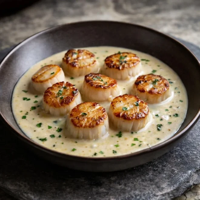 Noix de Saint-Jacques poêlées à la crème, sauce légère à l’ail et au vin blanc