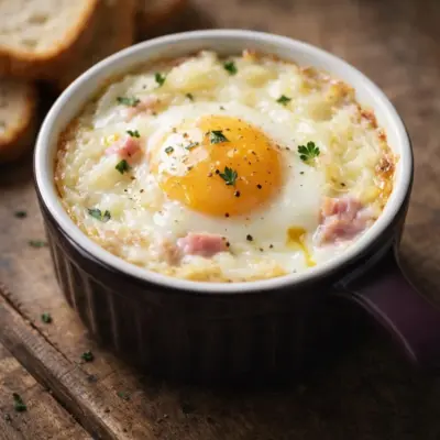Œuf cocotte micro-ondes au jambon : crème & gruyère