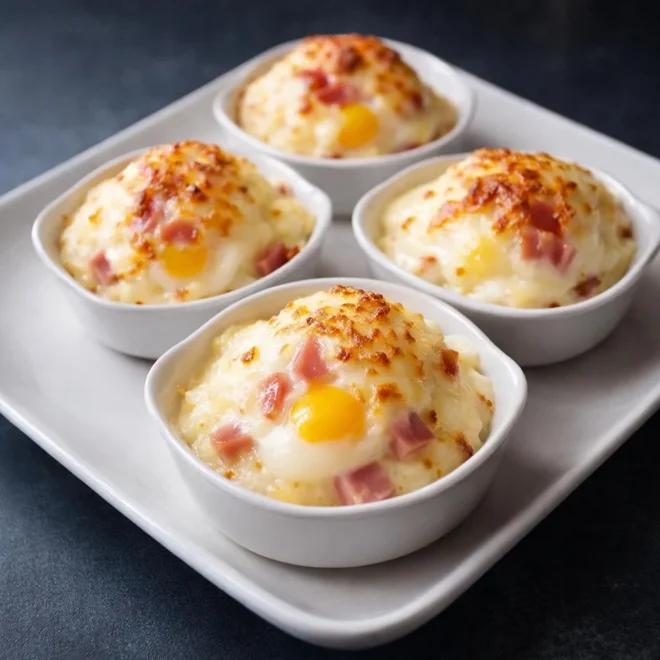 Œufs cocotte à la béchamel, jambon et fromage gratinés