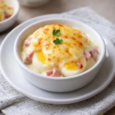 Œufs durs au jambon et sauce béchamel fromagée