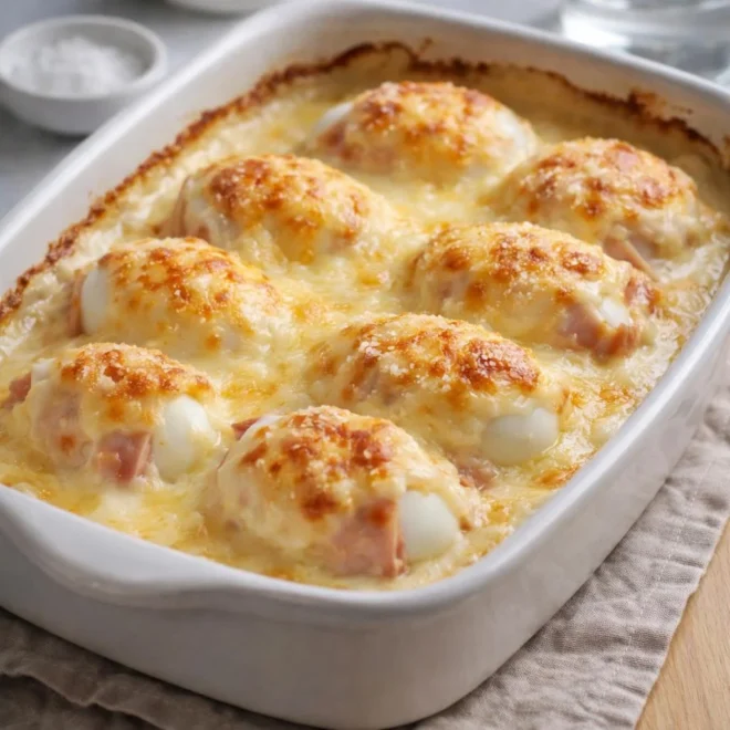 Œufs enrobés au jambon, béchamel au Gruyère gratinée