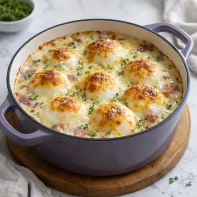 Œufs mollets en cocotte au jambon et sauce au fromage, gratinés