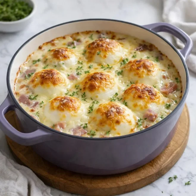 Œufs mollets en cocotte gratinés au jambon et fromage
