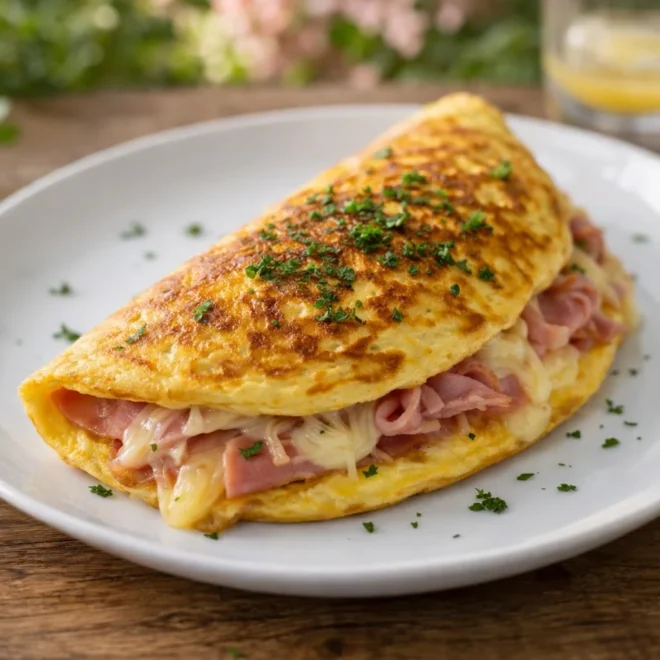 Omelette soufflée au jambon et fromage, façon croque-pizza à la poêle