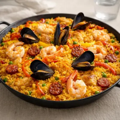 Paella au poulet crevettes moules chorizo