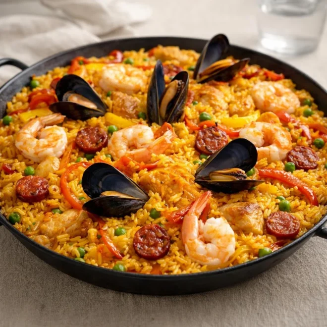 Paella au poulet crevettes moules chorizo
