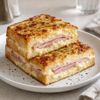 Pain perdu salé au jambon et fromage gratiné au four