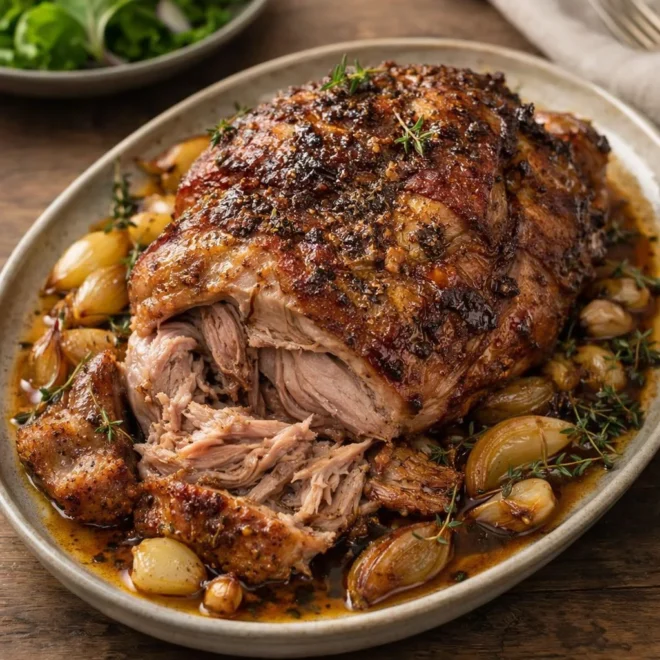 Palette de porc confite au four, jus aux herbes et oignons perlés