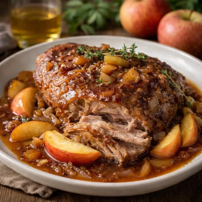 Palette de porc au cidre et aux pommes mijotée