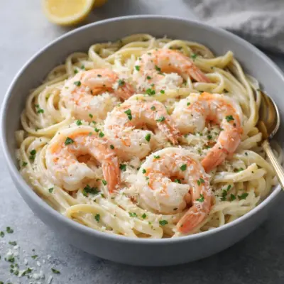 Pâtes Alfredo aux crevettes : sauce crémeuse au parmesan