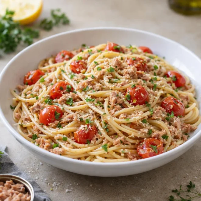 Pâtes au thon, tomates cerises et citron