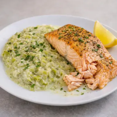 pavé de saumon au four et fondue de poireaux