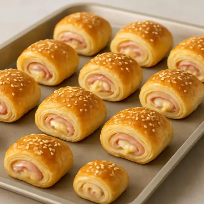 Petits roulés feuilletés au jambon et fromage, graines de sésame