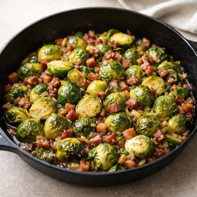 Poêlée de choux de Bruxelles aux lardons et oignons