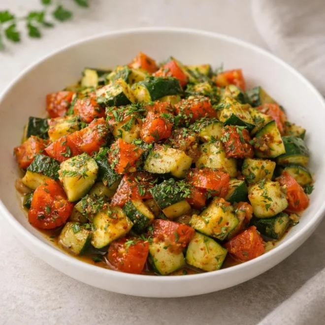 Poêlée de courgettes et tomates à l’ail (mijotée à la vapeur, herbes et épices)