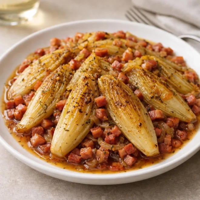 Poêlée de fenouil braisé aux lardons, oignons et vin blanc (type “fenouil confit”)