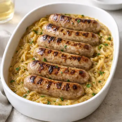 Poêlée de saucisses à la moutarde et aux oignons