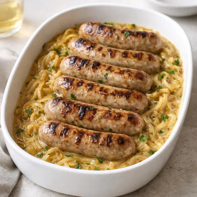 Poêlée de saucisses à la moutarde et aux oignons