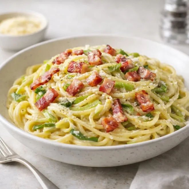 Poireaux à la carbonara : spaghetti crémeux aux lardons