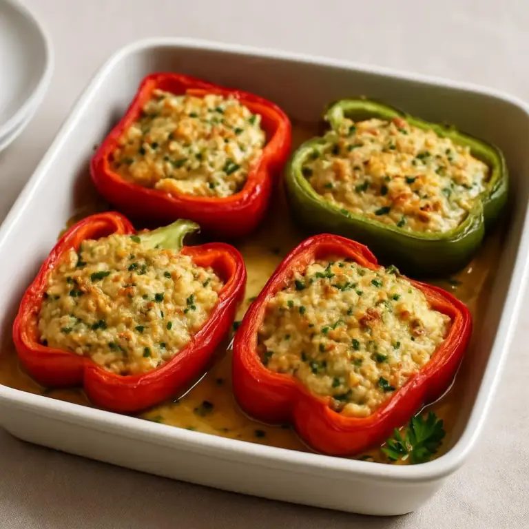 Poivrons farcis au thon et fromage frais, gratinés au four