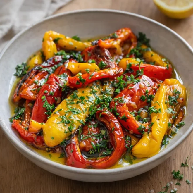 Poivrons grillés marinés au citron, ail et herbes fraîches
