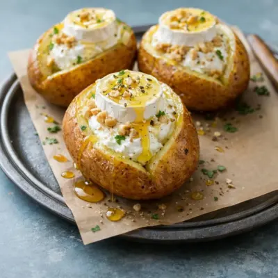 Pommes de terre farcies chèvre frais, miel & noix