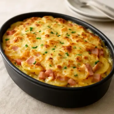 Pommes de terre au jambon gratinées à la crème et au fromage