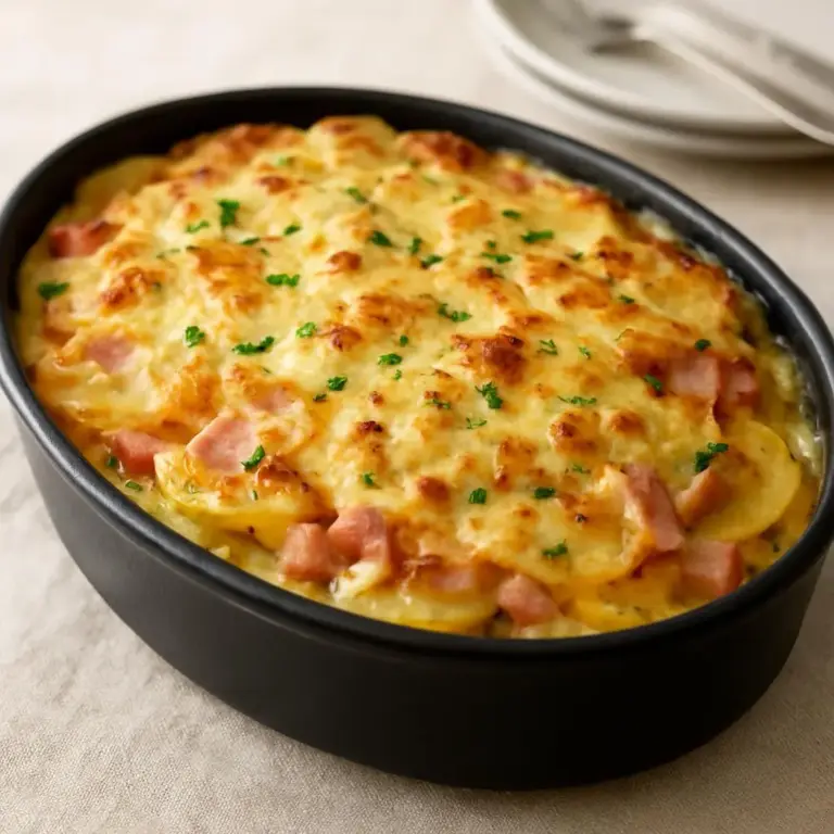 Pommes de terre au jambon gratinées à la crème et au fromage