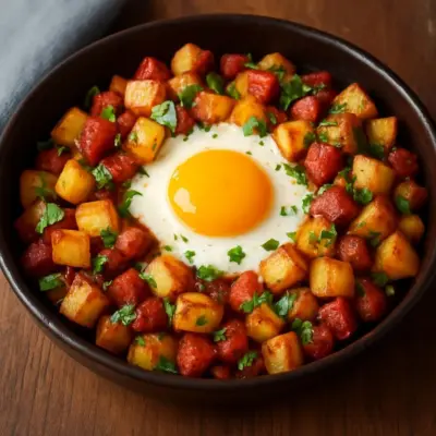 Pommes de terre sautées au chorizo, œuf coulant et herbes fraîches