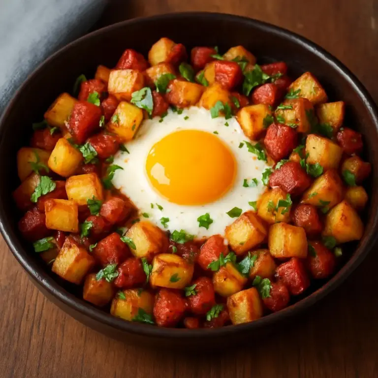 Pommes de terre sautées au chorizo, œuf coulant et herbes fraîches