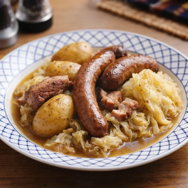 Potée au choux : choucroute fraîche, pommes de terre et saucisses