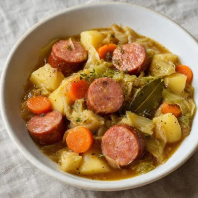 Potée rustique aux saucisses et légumes de saison, pommes de terre et carottes