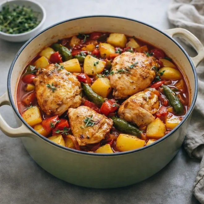 Poulet mijoté aux poivrons et pommes de terre fondantes, sauce tomate aux herbes