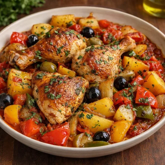 Poulet aux poivrons, pommes de terre et olives au four (style méditerranéen)
