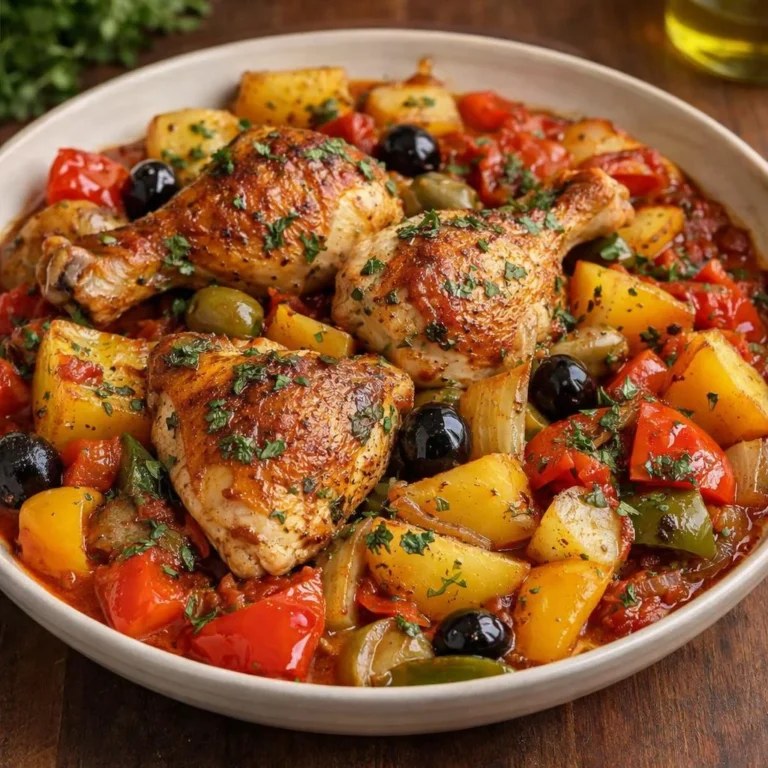 Poulet aux poivrons, pommes de terre et olives au four