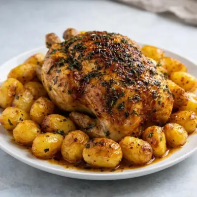 poulet rôti au four pommes de terre : juteux & doré