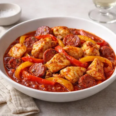 Recette poulet sauté aux poivrons et chorizo (sauce tomate)