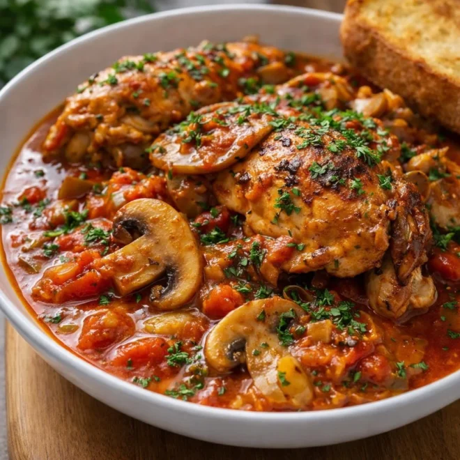 Poulet sauté chasseur aux champignons et sauce tomate