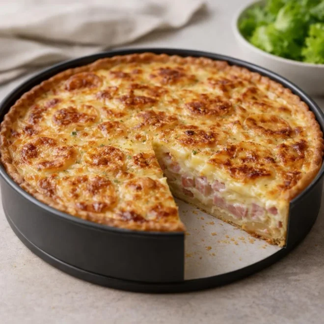 Quiche au jambon et pommes de terre au four (crème fromagée)