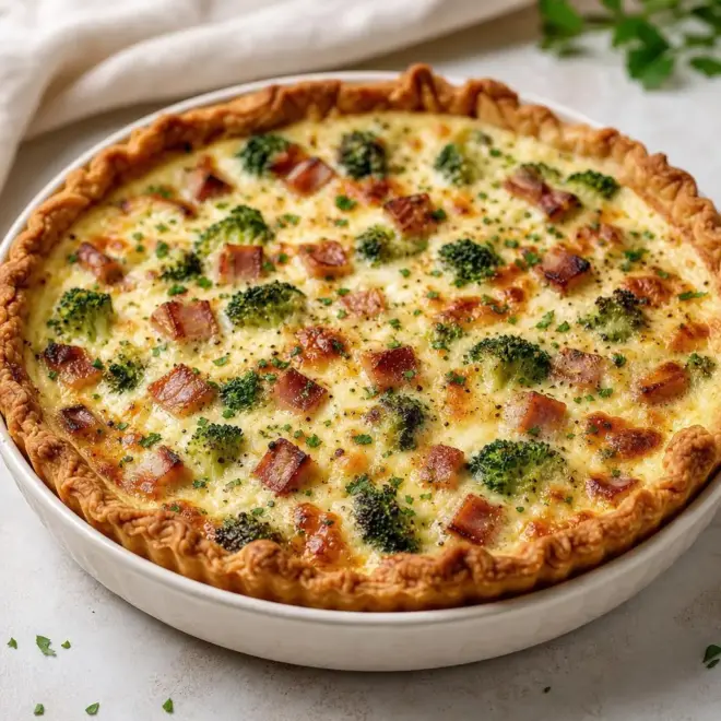 Quiche Lorraine moelleuse au bacon, brocoli et mozzarella
